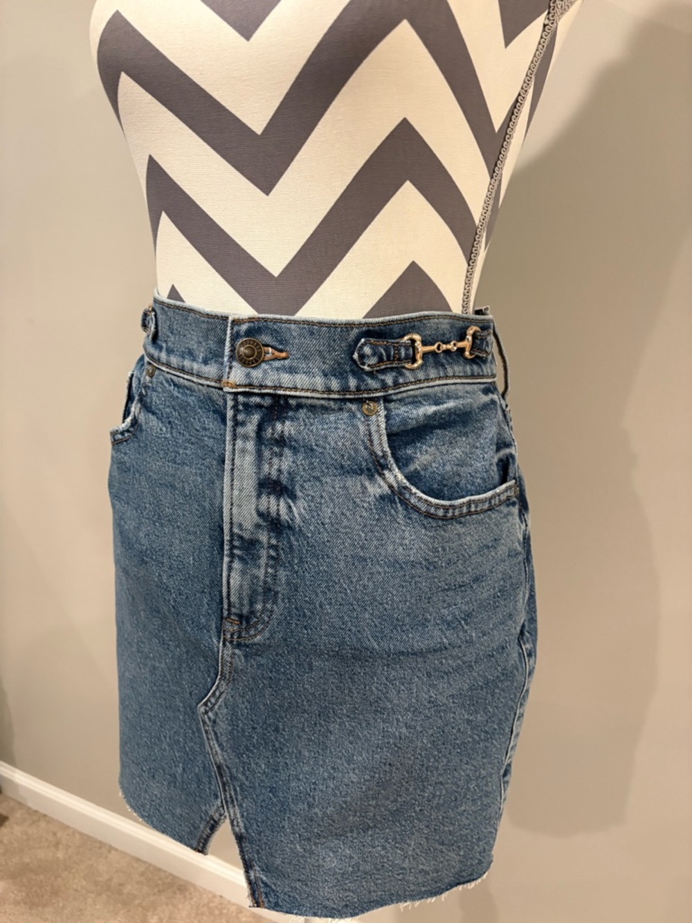 NWT Express Blue Denim Asymmetrical Skirt with Front Slit & Metal Side Details
